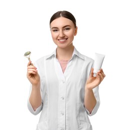 Cosmetologist with cosmetic product and facial roller on white background