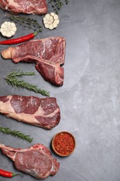 Fresh raw beef cuts and different spices on light grey textured table, flat lay. Space for text