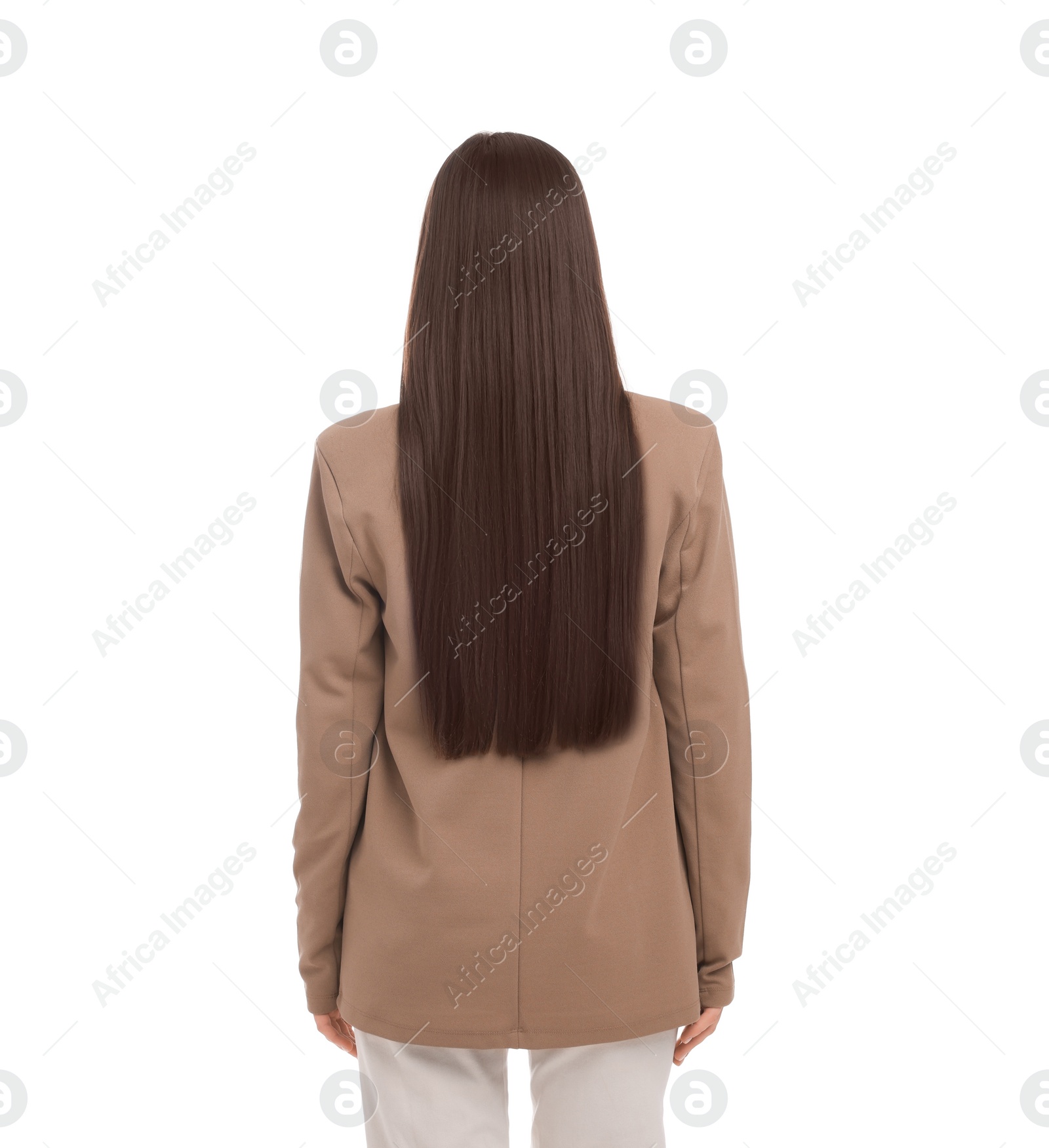 Photo of Businesswoman in suit on white background, back view