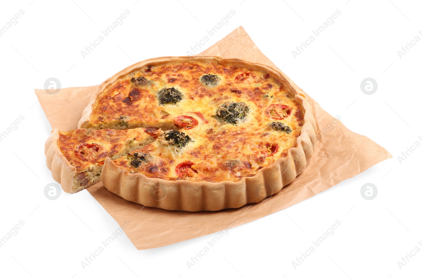 Photo of Delicious homemade vegetable quiche isolated on white