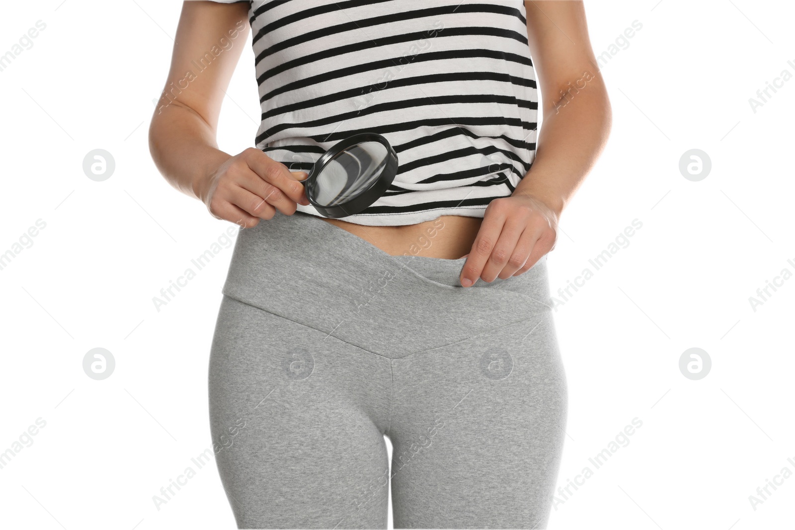 Photo of Woman examining genital herpes with magnifying glass on white background, closeup