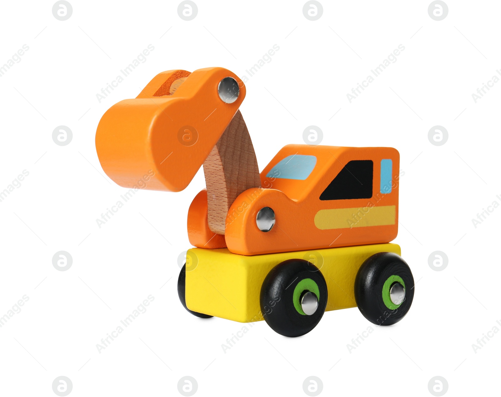 Photo of One excavator isolated on white. Children's toy