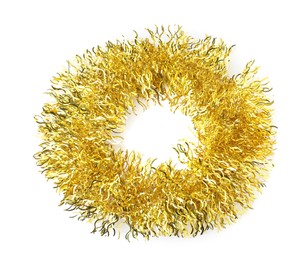 Photo of Shiny golden tinsel isolated on white, top view