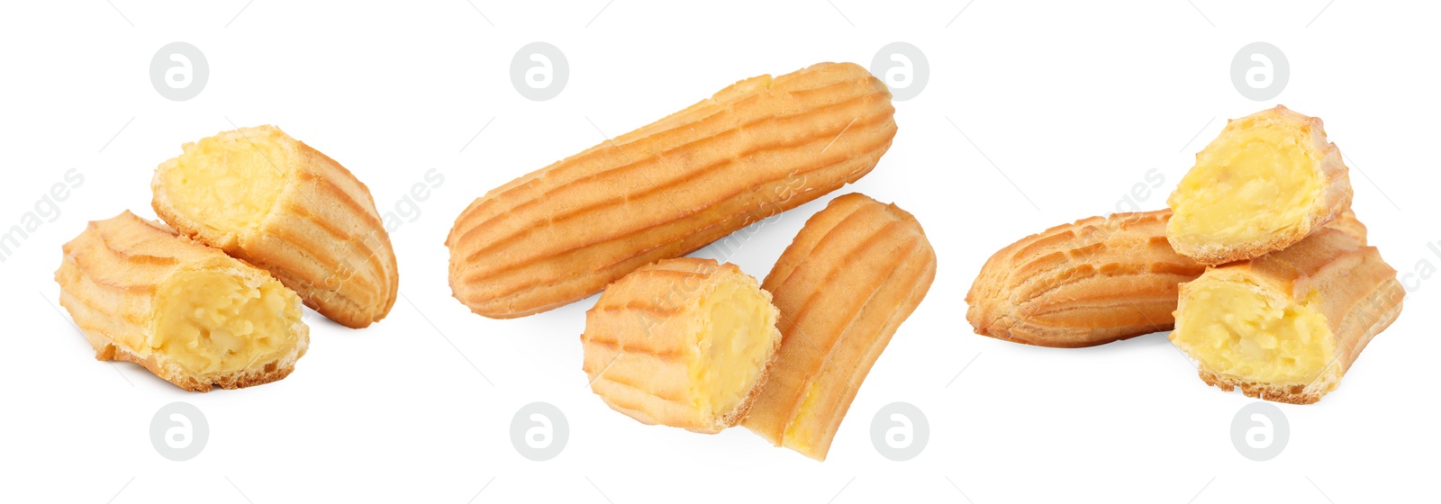 Image of Collage with tasty eclairs on white background