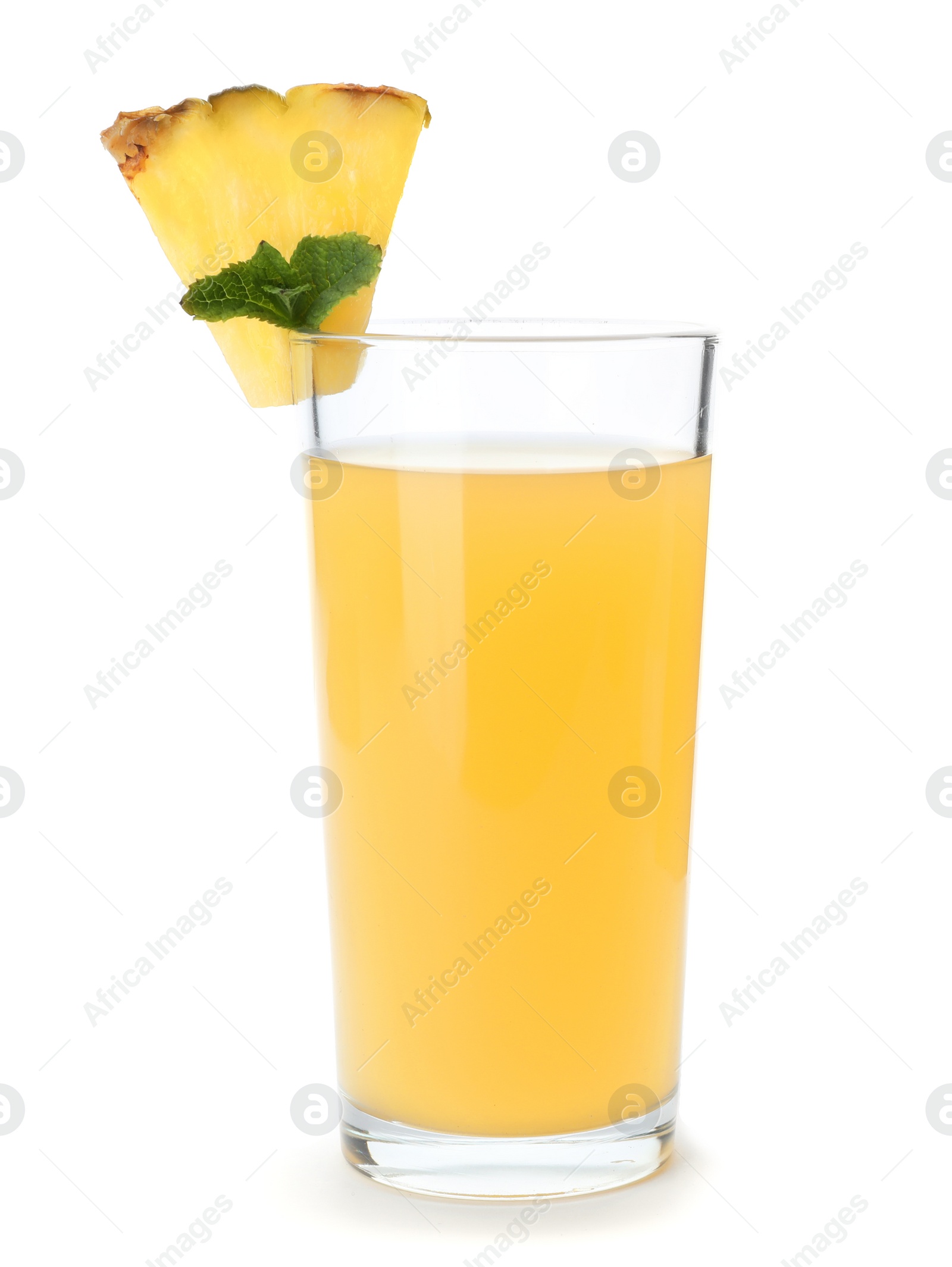 Photo of Glass with delicious pineapple juice on white background