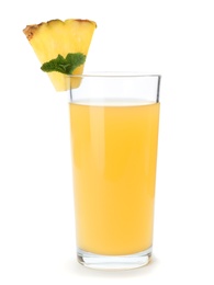 Photo of Glass with delicious pineapple juice on white background