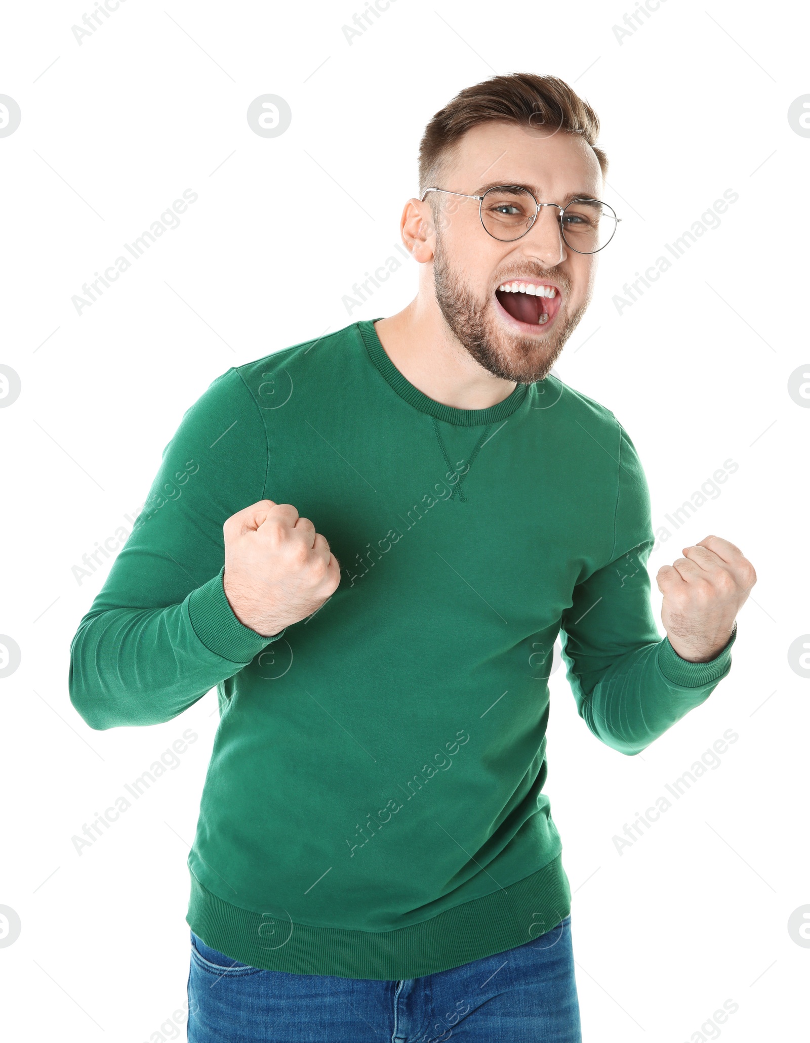 Photo of Portrait of emotional man on white background