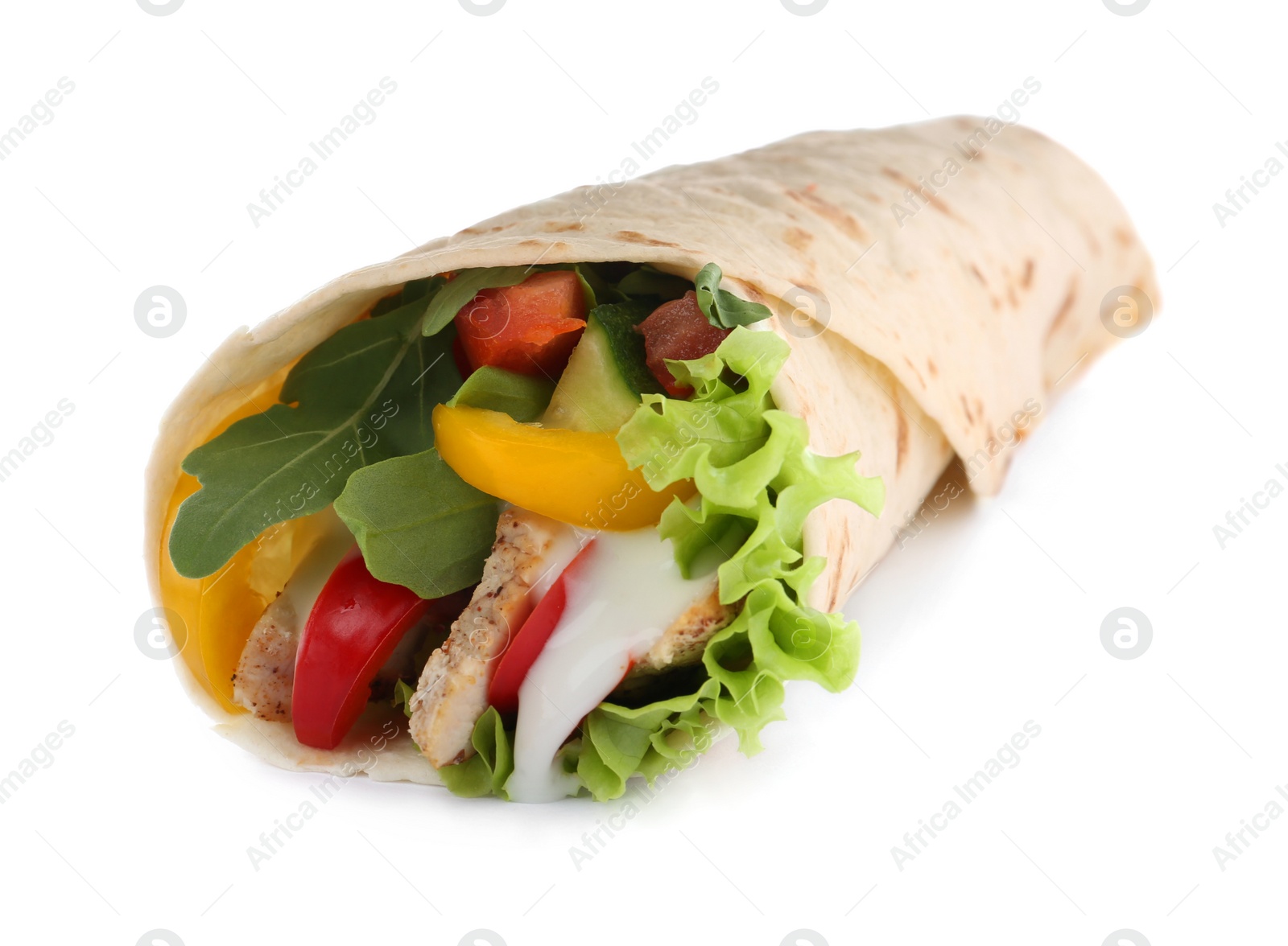 Photo of Delicious meat tortilla wrap isolated on white