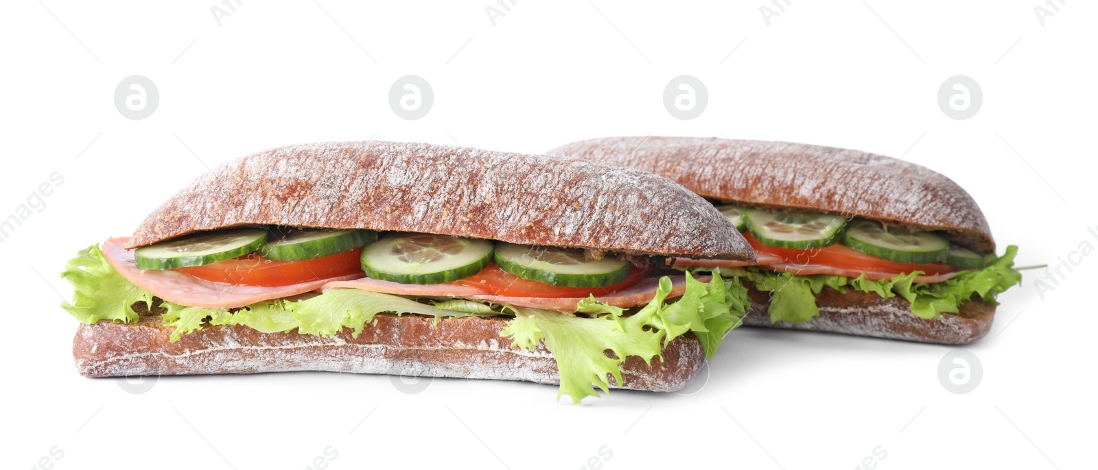 Photo of Tasty sandwiches with ham isolated on white