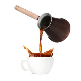 Image of Pouring freshly brewed aromatic coffee from turkish pot into cup. Objects in air on white background