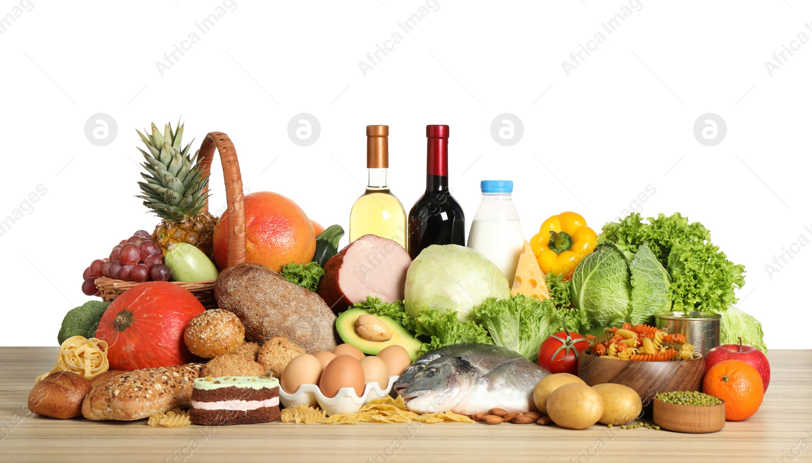 Photo of Different products on wooden table. Healthy food and balanced diet