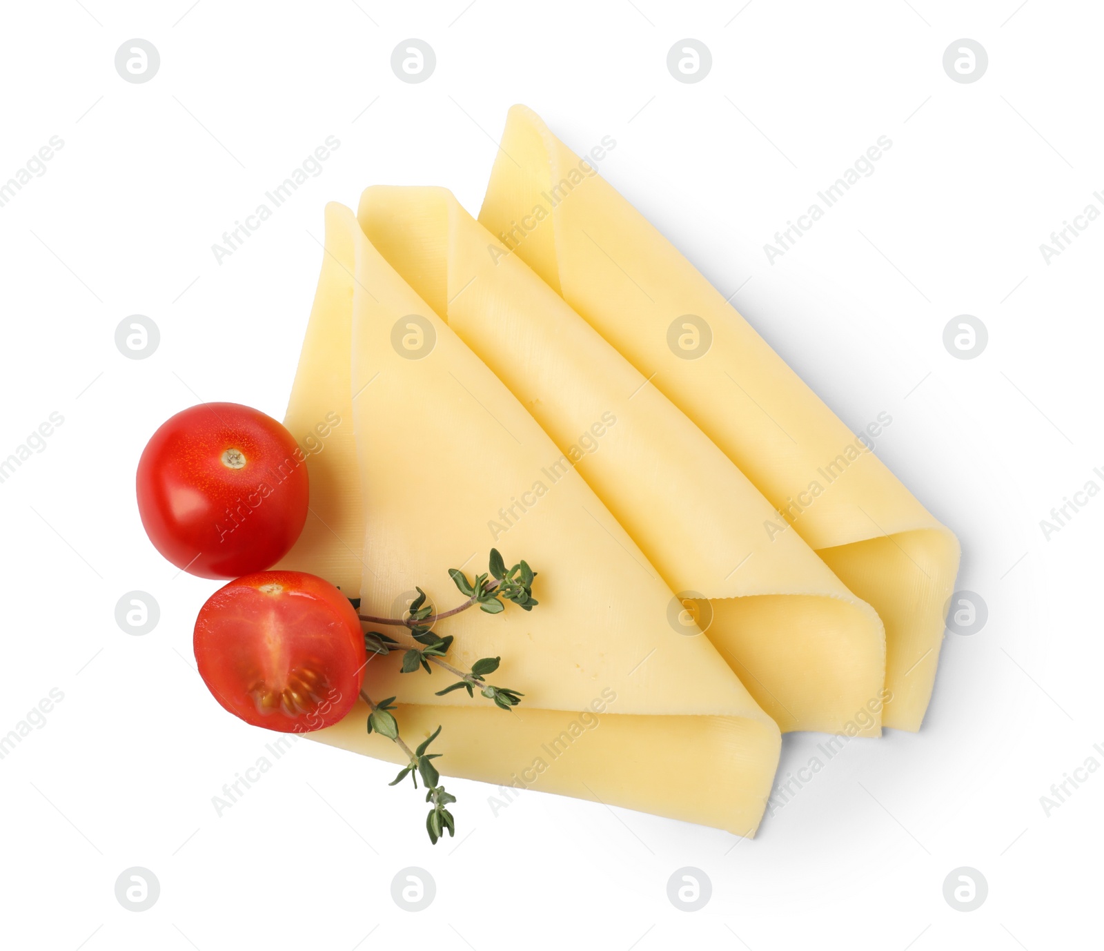 Photo of Slices of tasty fresh cheese, tomatoes and thyme isolated on white, top view