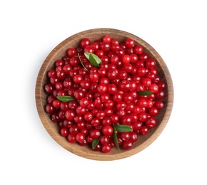 Photo of Fresh ripe cranberries with leaves in bowl isolated on white, top view