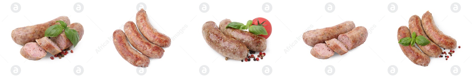 Image of Tasty homemade sausages isolated on white, set