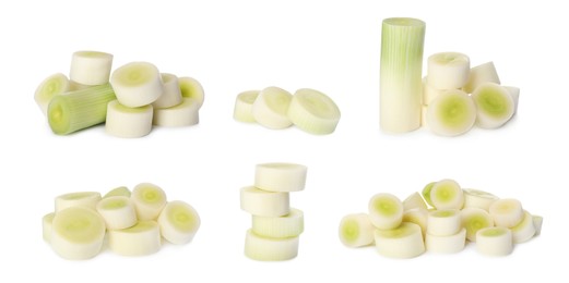 Set with fresh raw cut leeks on white background. Banner design