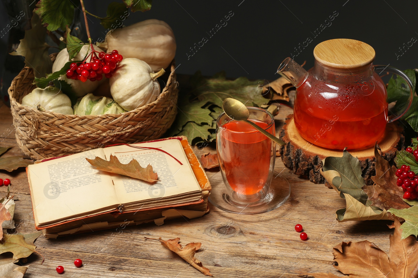 Photo of Delicious viburnum tea, books and pumpkins on wooden table. Cozy autumn atmosphere