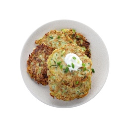 Photo of Delicious zucchini fritters with sour cream on white background, top view