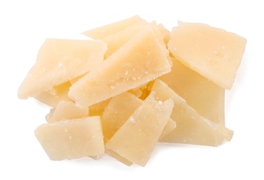 Photo of Pile of parmesan cheese pieces on white background