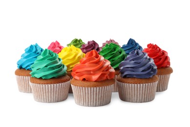 Different delicious colorful cupcakes on white background