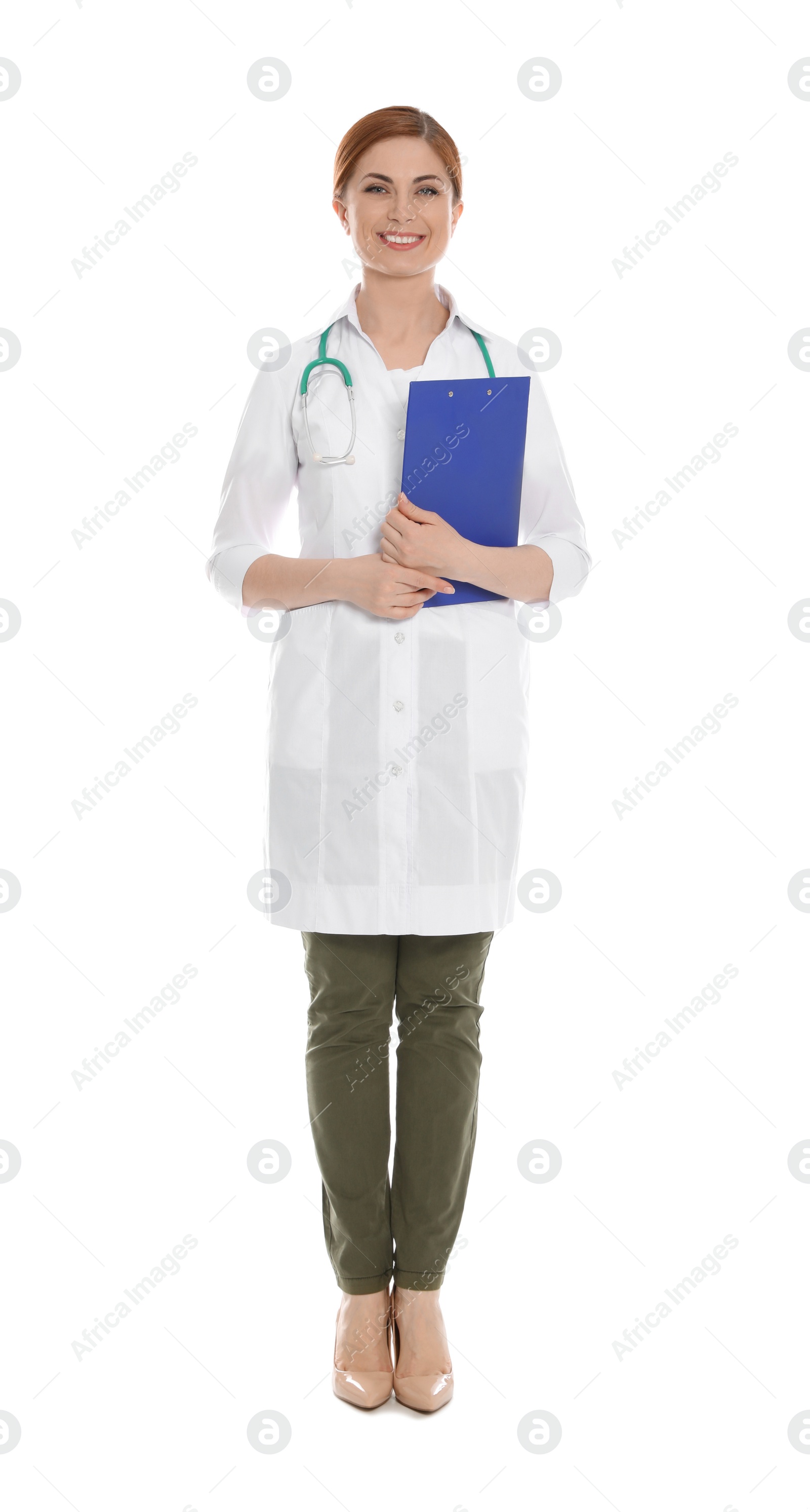 Photo of Full length portrait of medical doctor with clipboard and stethoscope isolated on white