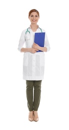 Photo of Full length portrait of medical doctor with clipboard and stethoscope isolated on white