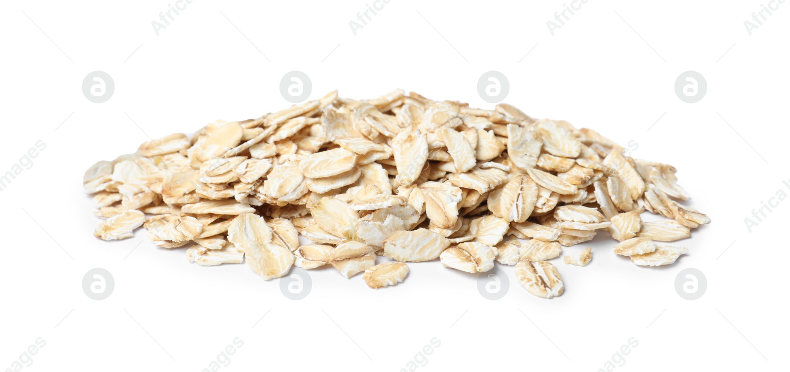 Photo of Pile of raw oatmeal on white background