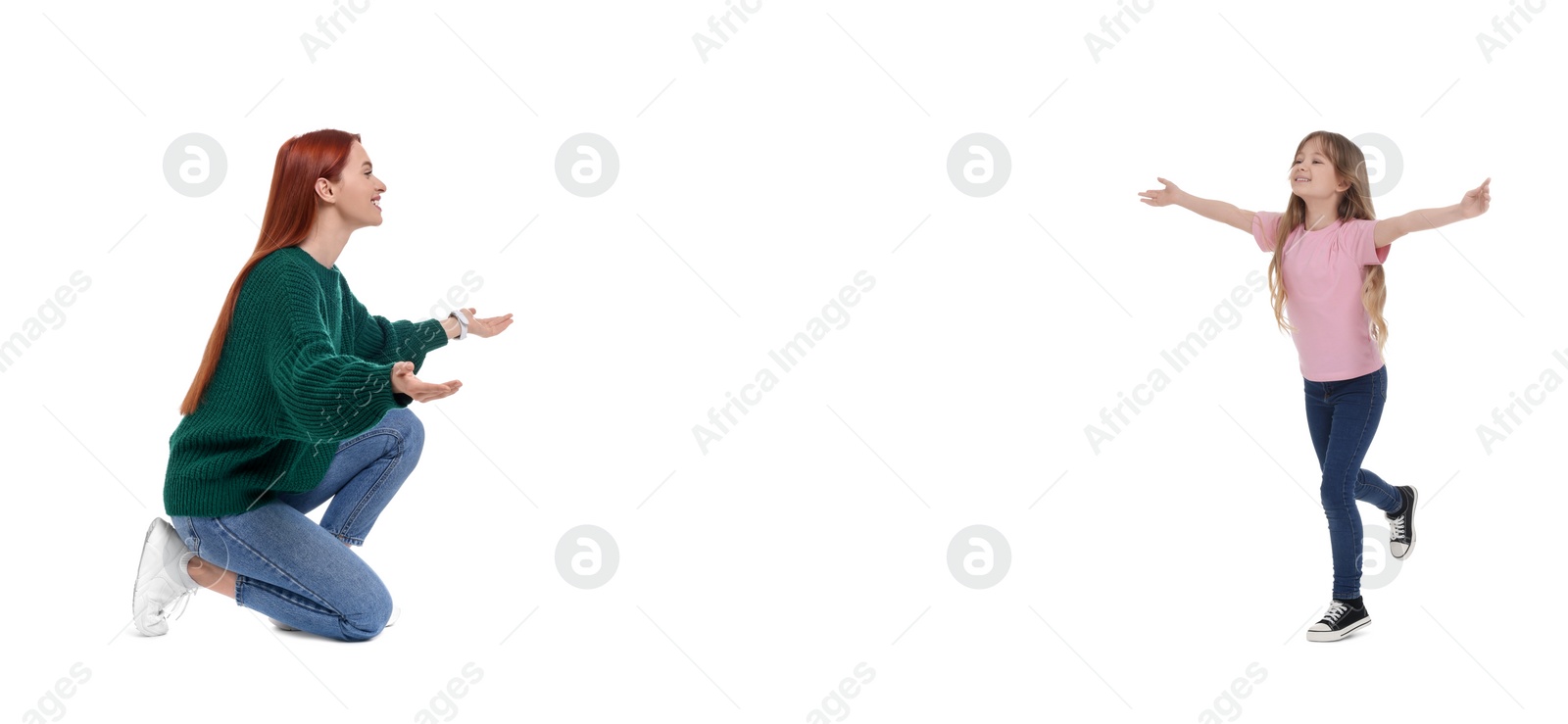 Image of Happy girl running towards her mother on white background