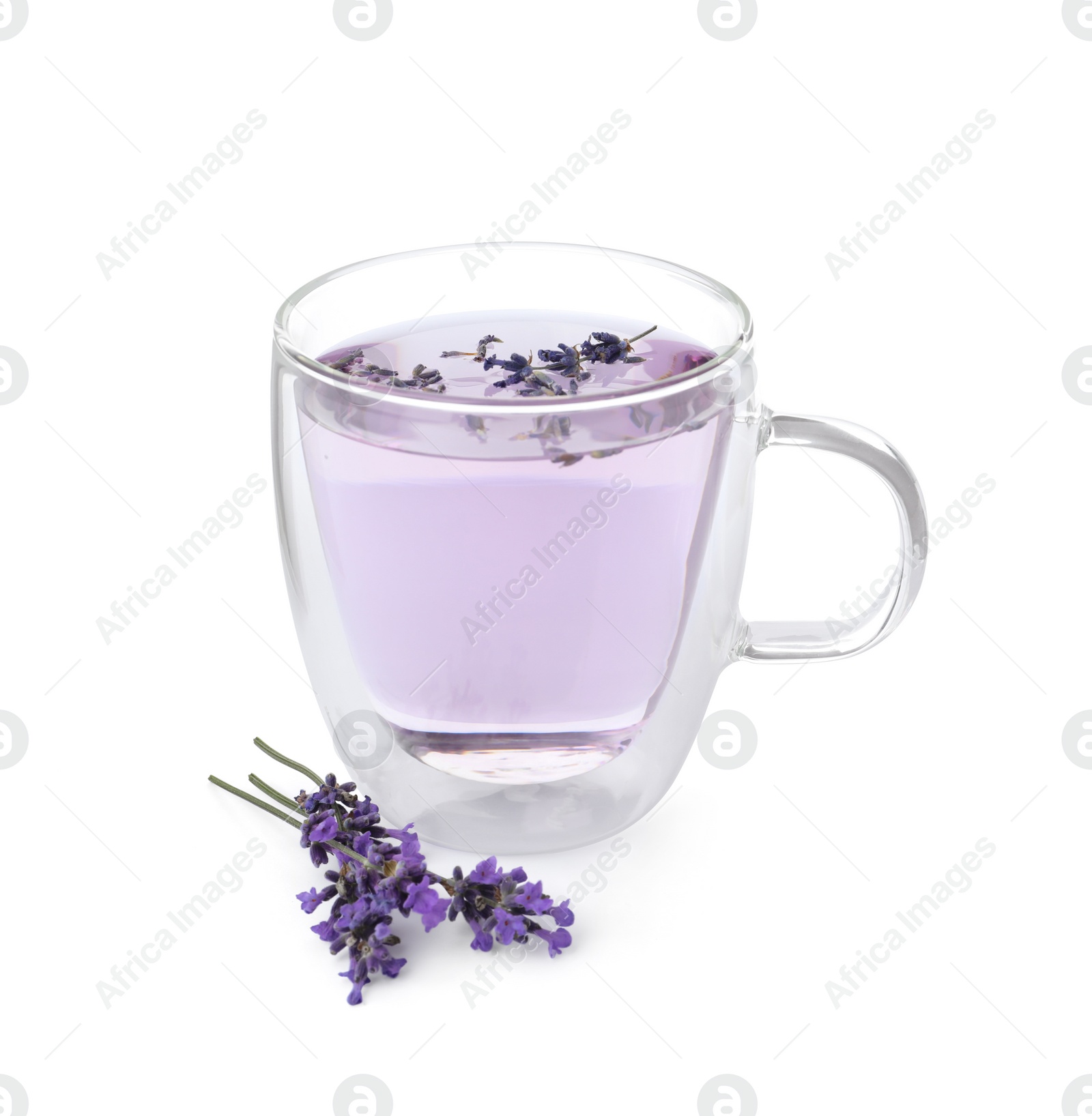 Photo of Fresh delicious drink with lavender and beautiful flowers isolated on white