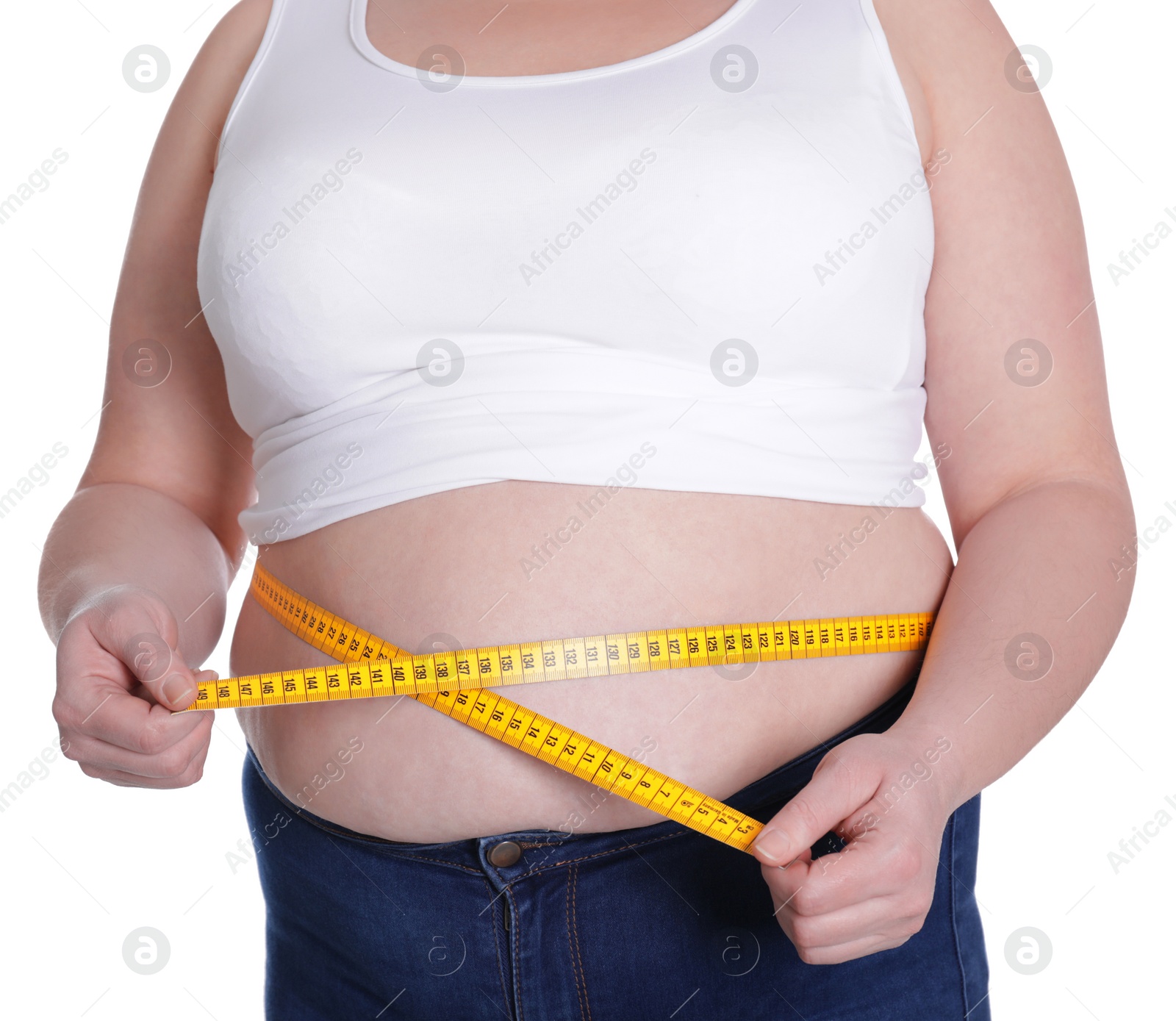 Photo of Overweight woman measuring waist with tape isolated on white, closeup