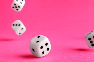 Photo of Many white game dices falling on pink background, closeup