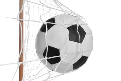 Photo of Soccer ball in net on white background