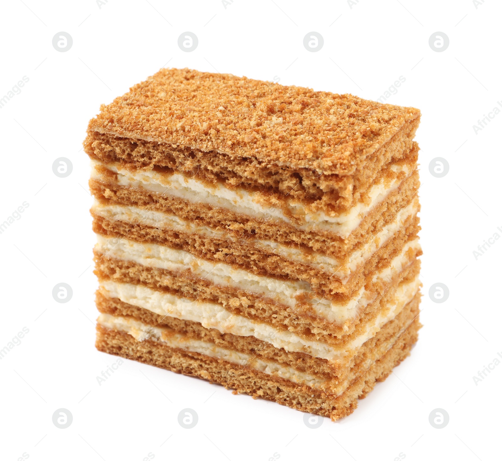 Photo of Slice of delicious layered honey cake isolated on white