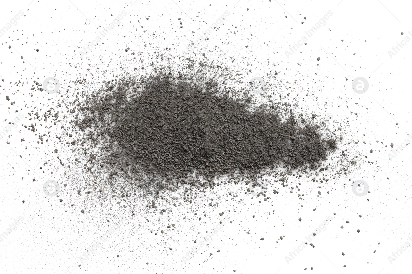 Photo of Pile of black dust scattered on white background, top view