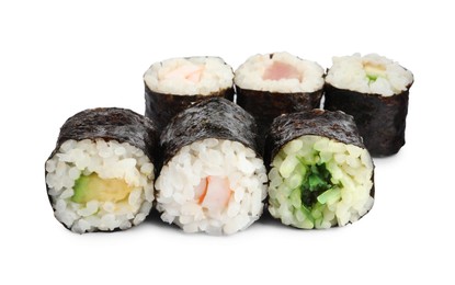 Photo of Delicious fresh sushi rolls on white background