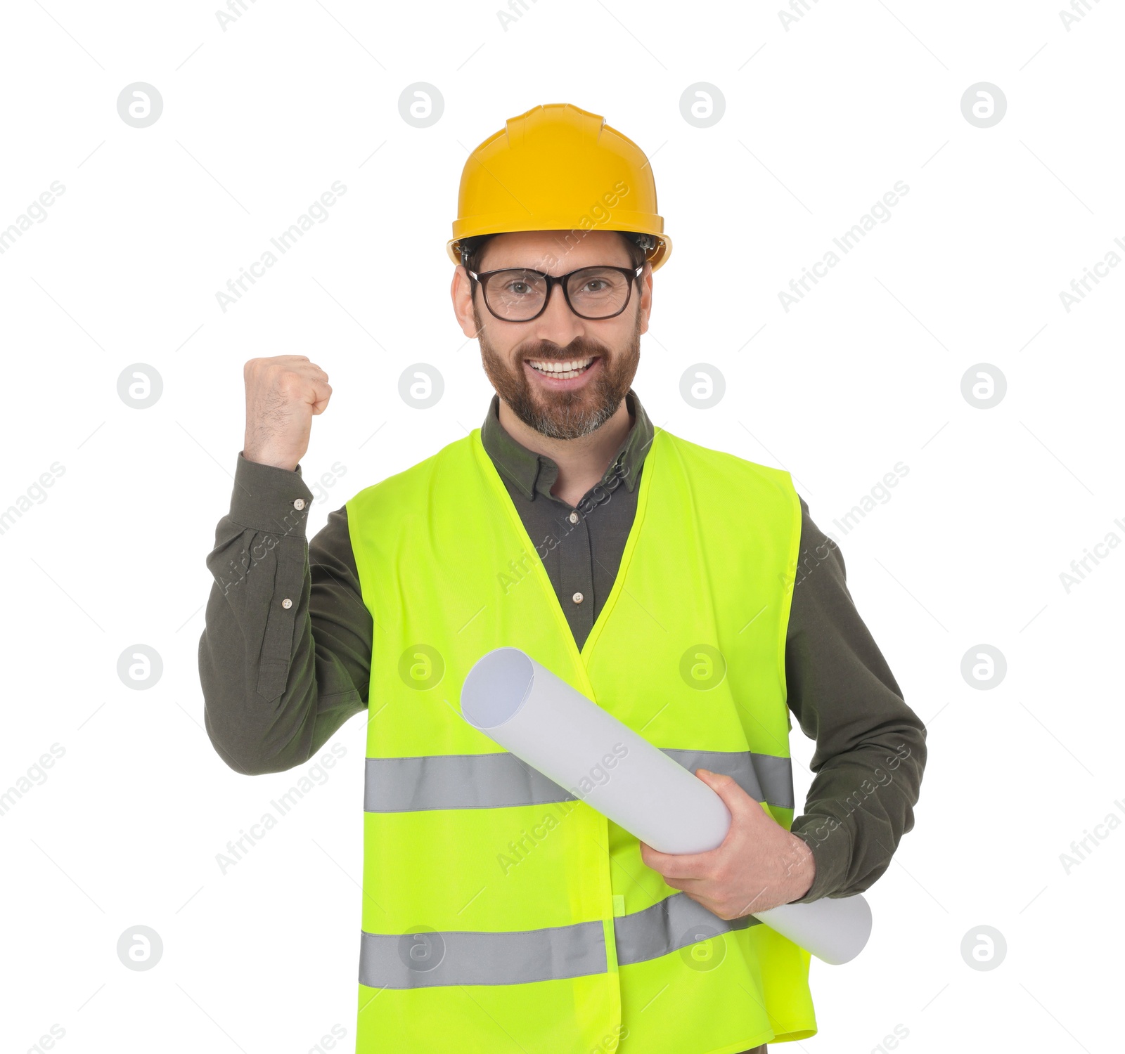 Photo of Architect in hard hat with draft on white background