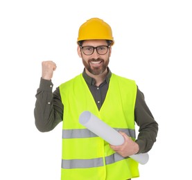 Architect in hard hat with draft on white background