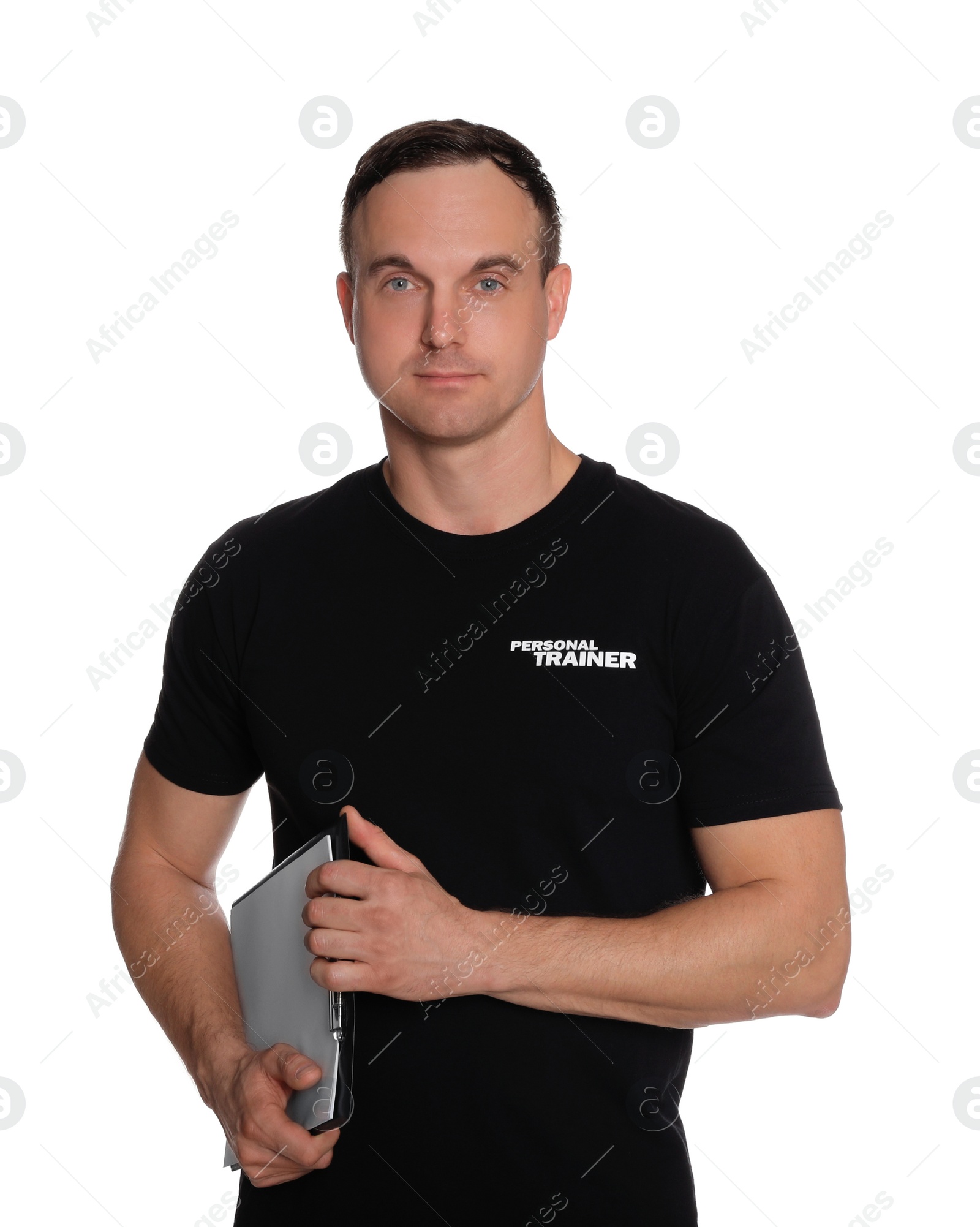 Photo of Personal trainer with clipboard on white background. Gym instructor