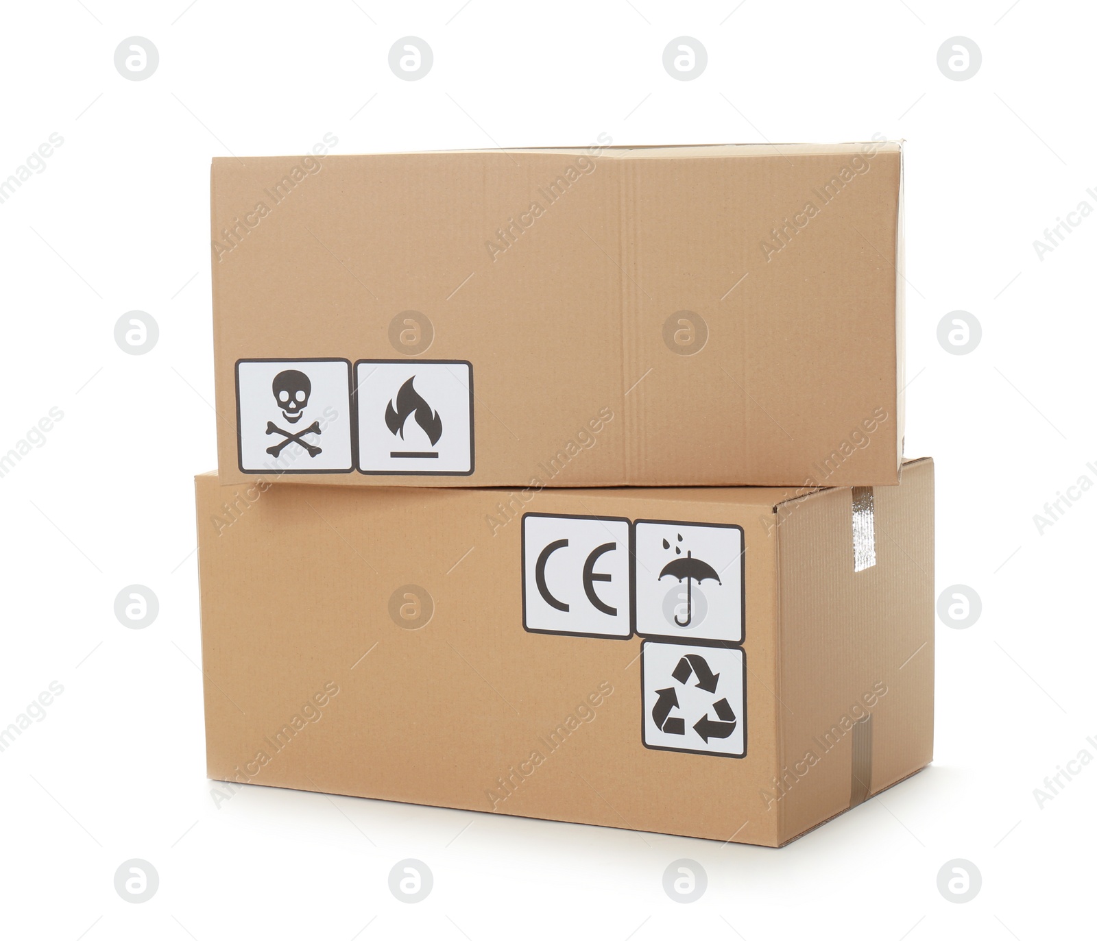 Photo of Cardboard boxes with different packaging symbols on white background. Parcel delivery