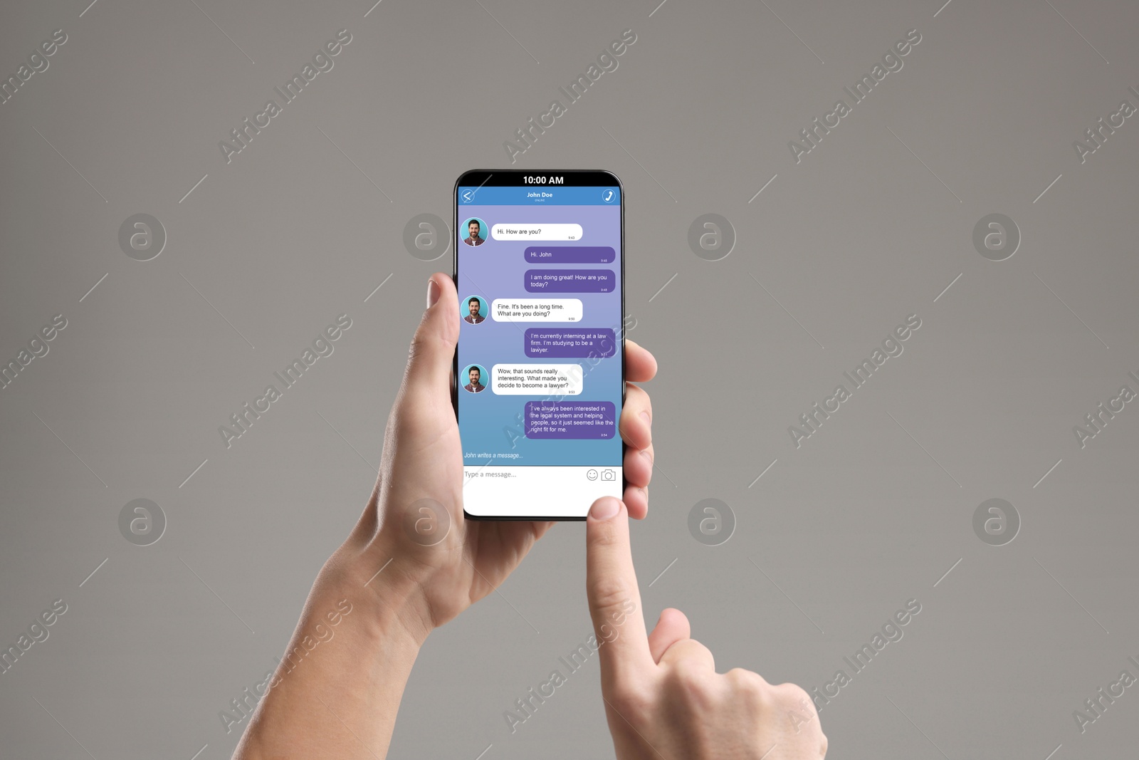 Image of Man texting via mobile phone on grey background, closeup. Device screen with messages