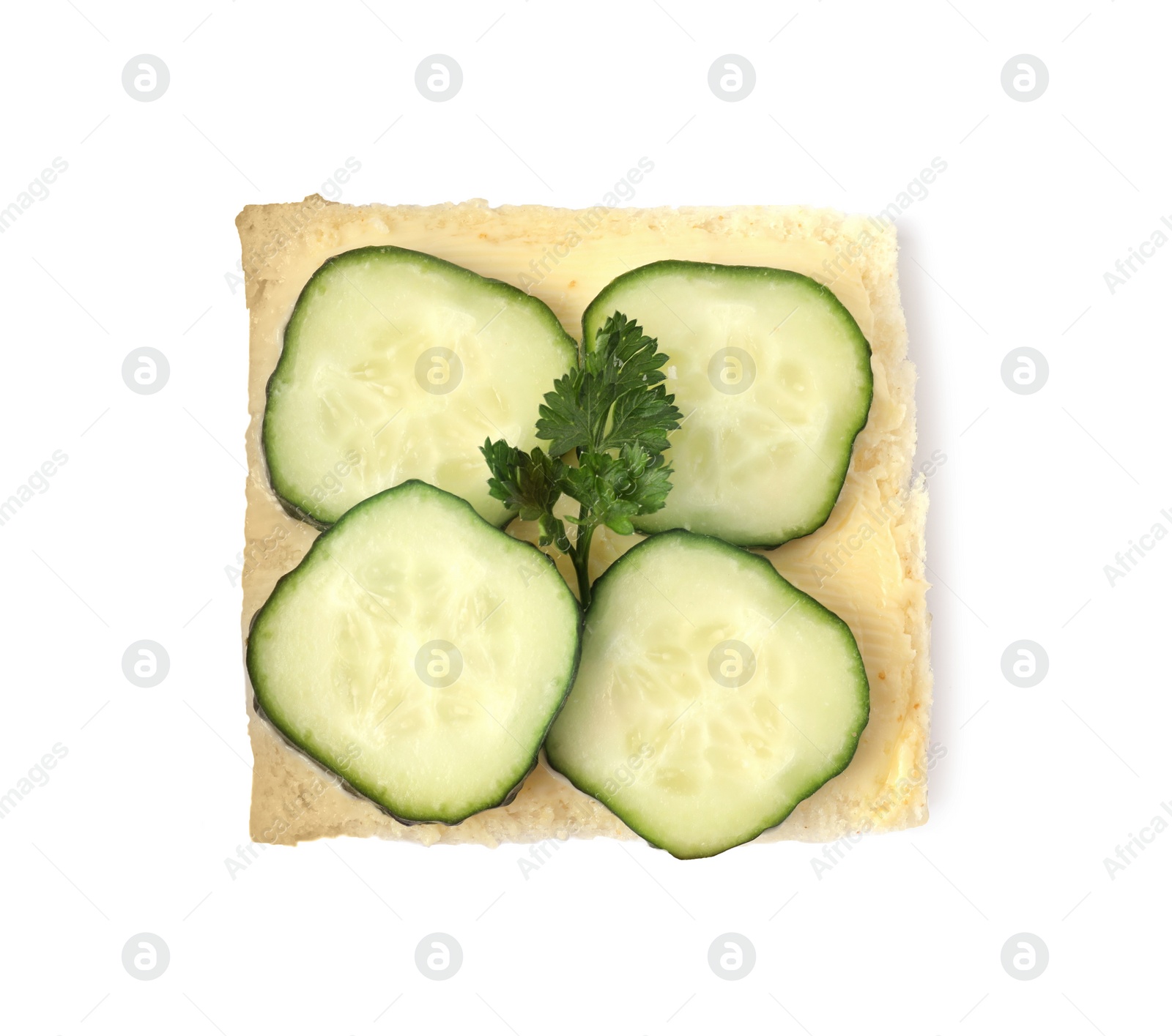 Photo of Tasty cucumber sandwich with parsley isolated on white, top view