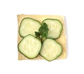 Tasty cucumber sandwich with parsley isolated on white, top view