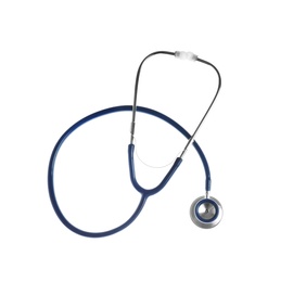 Photo of Stethoscope on white background, top view. Medical device