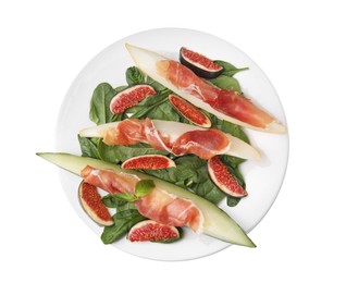Photo of Plate with tasty melon, jamon, figs and spinach isolated on white, top view