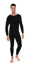 Man wearing thermal underwear isolated on white