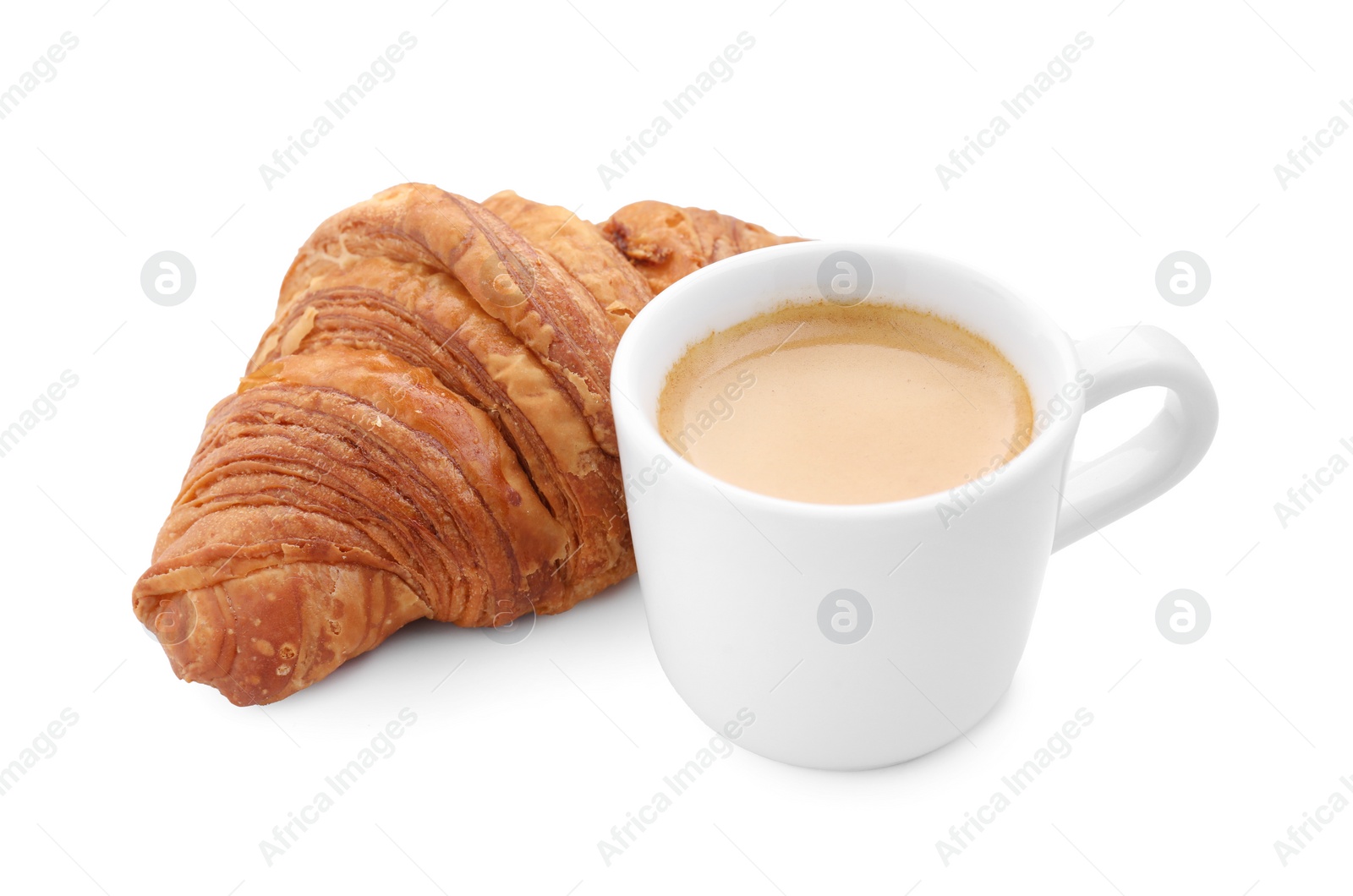 Photo of Fresh croissant and coffee isolated on white. Tasty breakfast