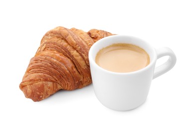 Photo of Fresh croissant and coffee isolated on white. Tasty breakfast