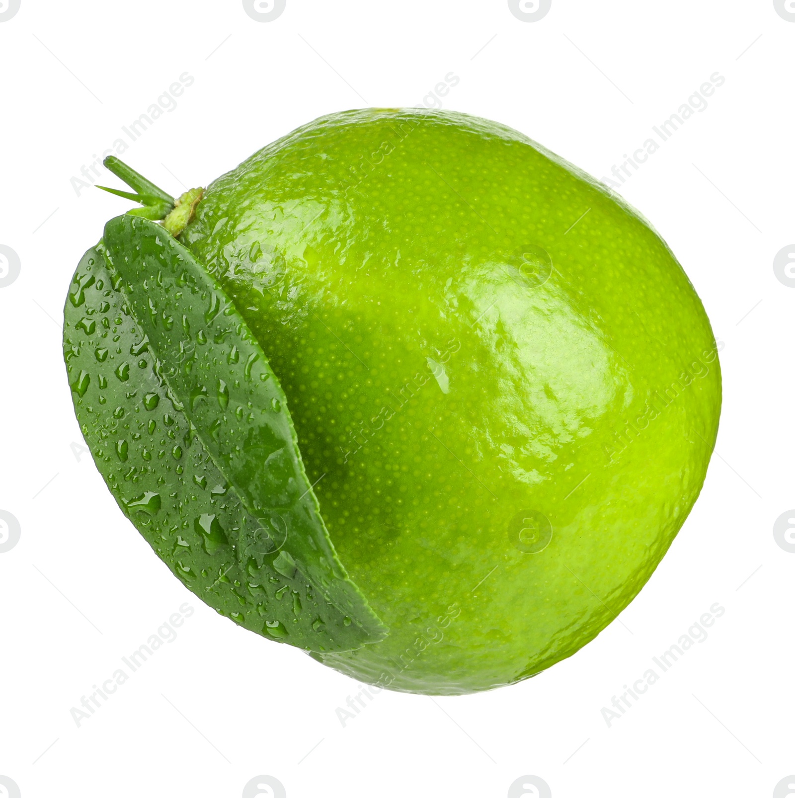 Photo of Fresh green ripe lime with wet leaf isolated on white