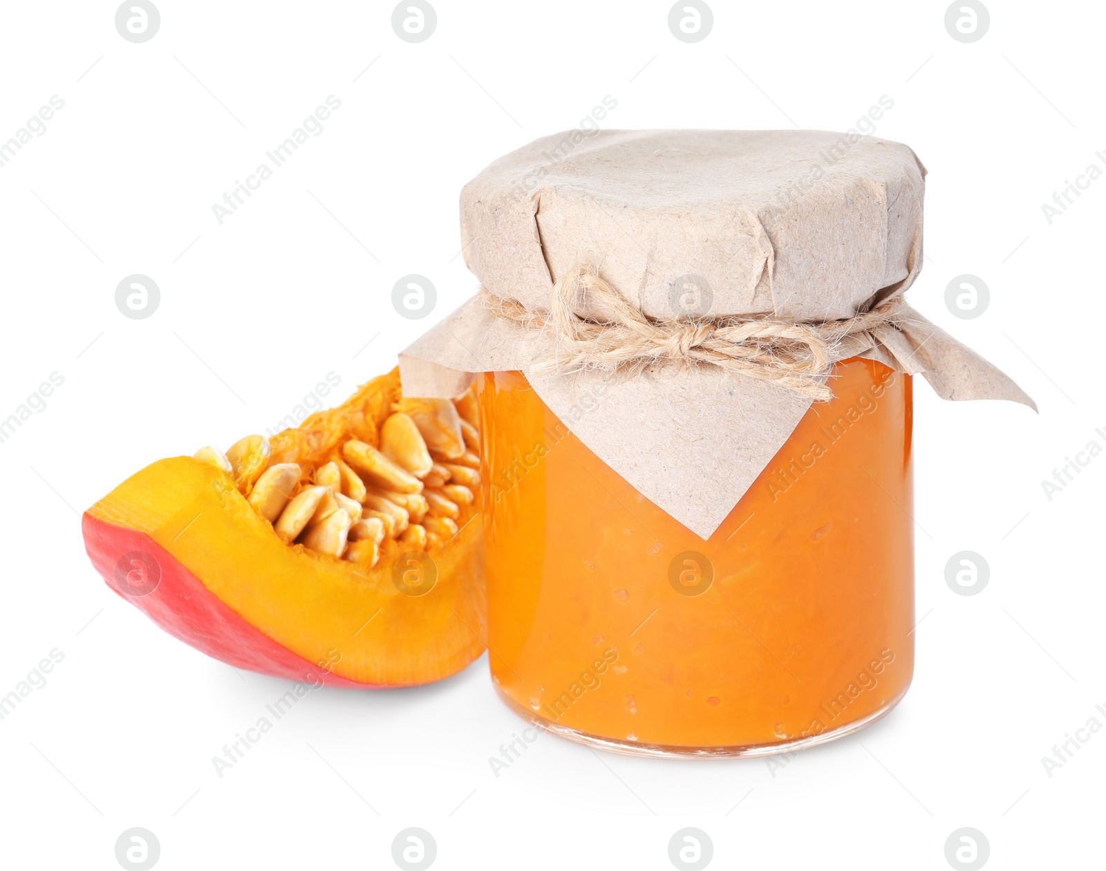 Photo of Jar of pumpkin jam and fresh pumpkin on white background