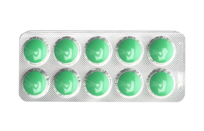 Photo of Pills in blister pack on white background, top view