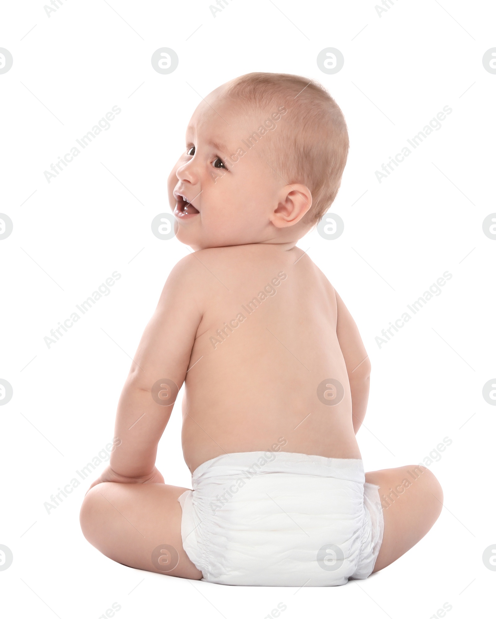 Photo of Cute little baby sitting on white background